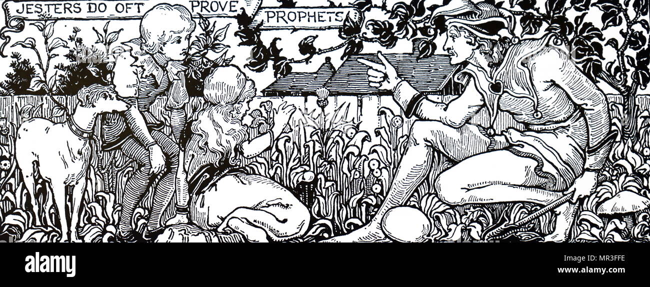 Oberteil mit der Phrase: Narren tun oft Propheten beweisen. Mit Ill. von Louis Davis (1860-1941) ein englischer Wasser - kolorist, Buch illustrator Glasmalereien und Künstler. Vom 19. Jahrhundert Stockfoto
