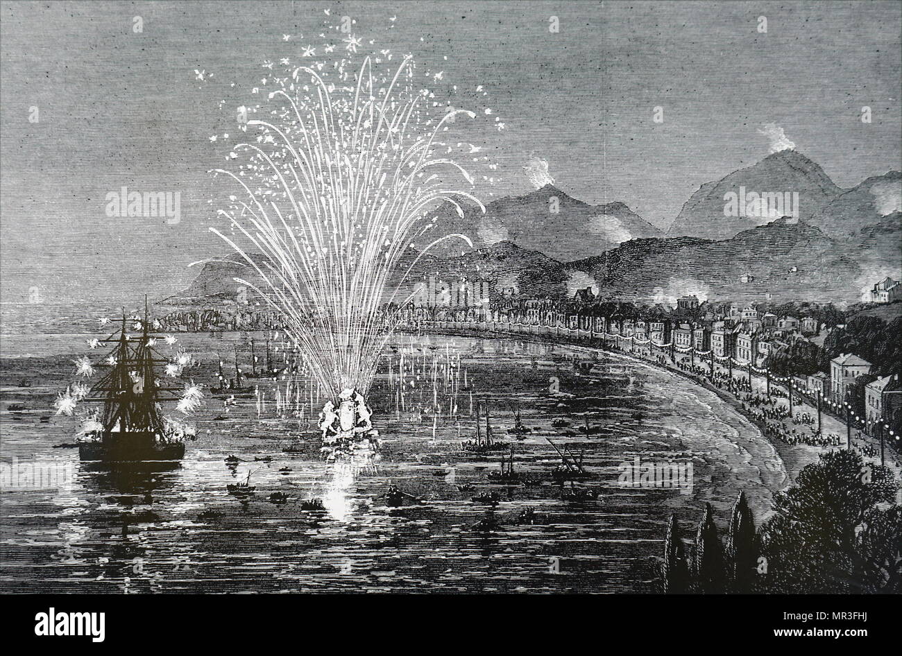 Abbildung: Darstellung einer Feuerwerk zu Ehren von Königin Victoria East Bay, Mentone, Victoria. Vom 19. Jahrhundert Stockfoto