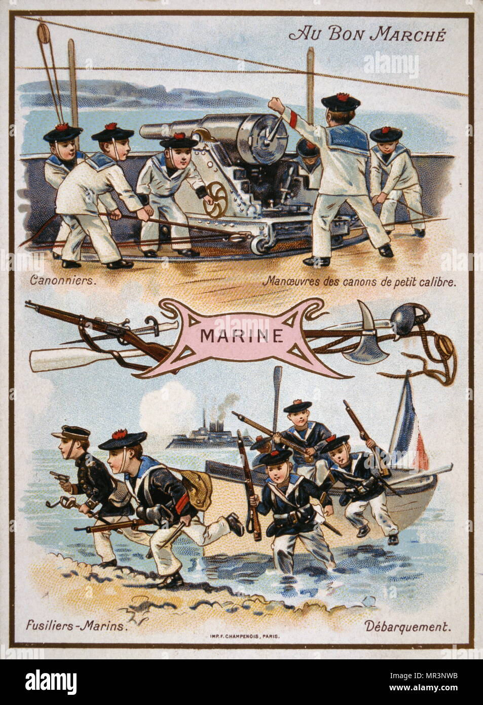 Chromolithograph Karte zeigt Französische Junge Matrosen und Marines (Kadetten), in Aktion und mit Artillerie. 1890 Stockfoto