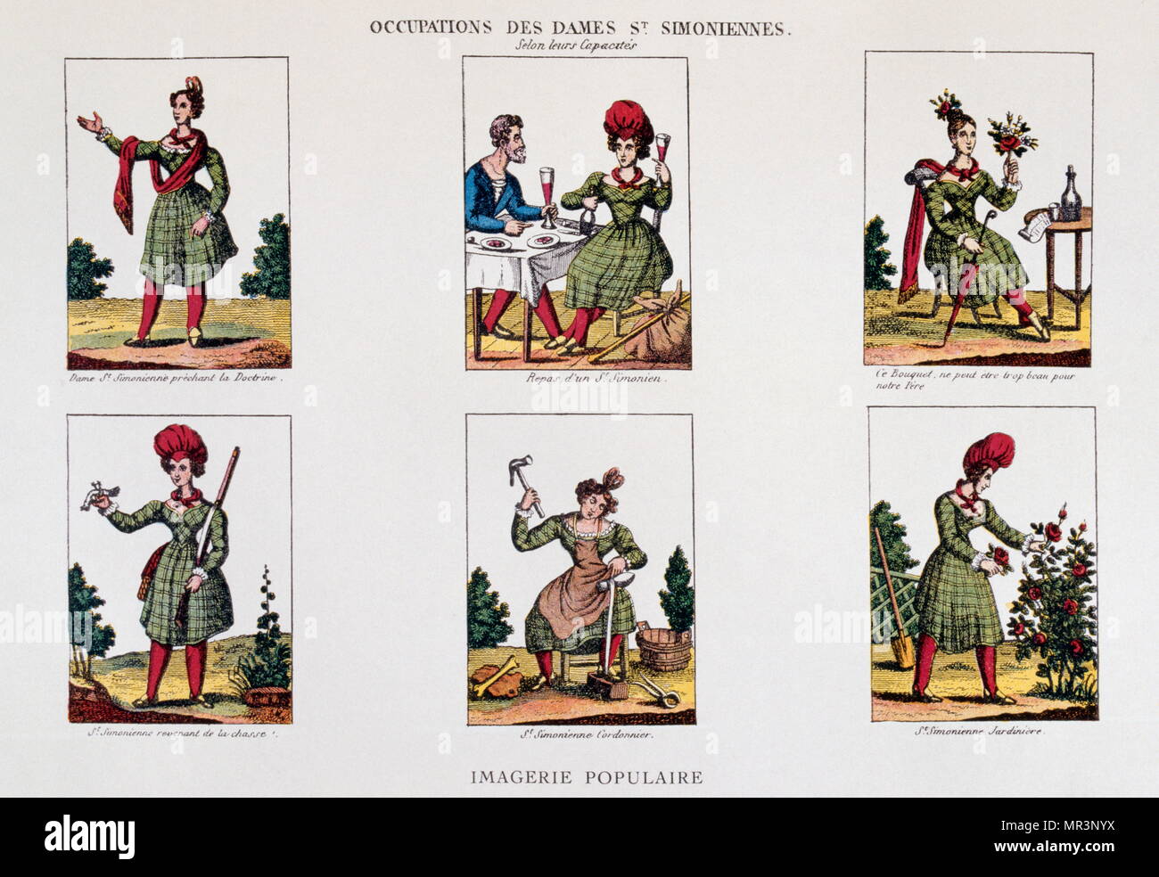 Die verschiedenen Berufe (Beschäftigung) der Frauen, Illustration von Les Saint-Simoniens, 1830, von Henry-René D'Allemagne. Saint-Simonism war einer Ideologie an, die auf eine sozio-ökonomische und politische Doktrin basierte, die Einfluss auf die entscheidend im neunzehnten Jahrhundert. Es hat seinen Namen von den Grafen von Saint-Simon (1760-1825). Sein Schüler oder Unterstützer heißt 'Saint-Simonian.' Es wie die Gründung der Französischen industriellen Gesellschaft angesehen werden kann. Stockfoto