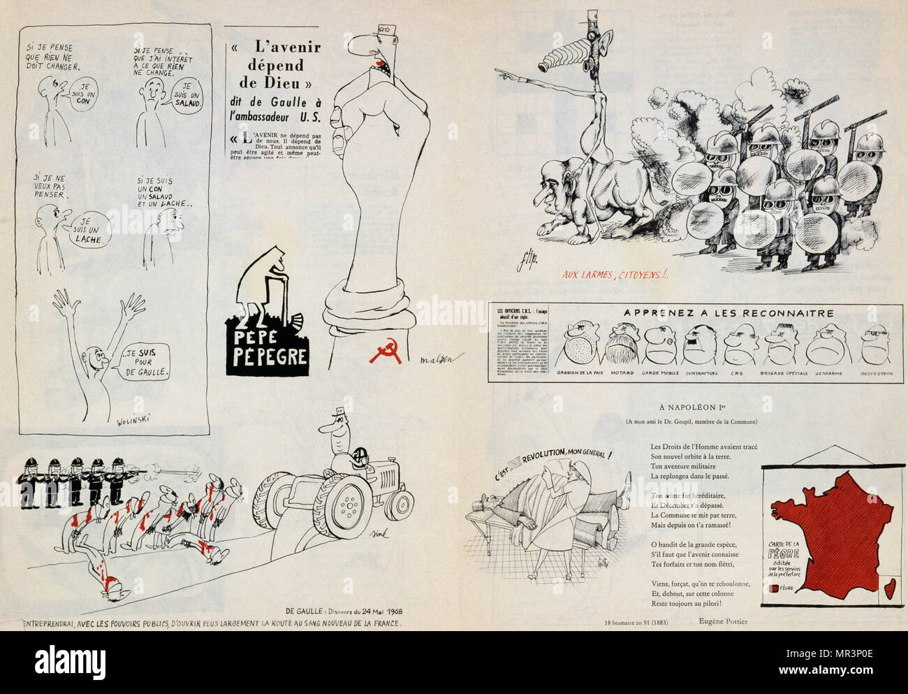 Anti-Charles de Gaulle Cartoons von Georges Wolinski und anderen Satirikern während der 1968 Unruhen in Paris. Wolinski war ein französischer Karikaturist und Comics Schriftsteller. Er wurde am 7. Januar 2015 in einem terroristischen Angriff auf Charlie Hebdo zusammen mit anderen Angestellten getötet Stockfoto