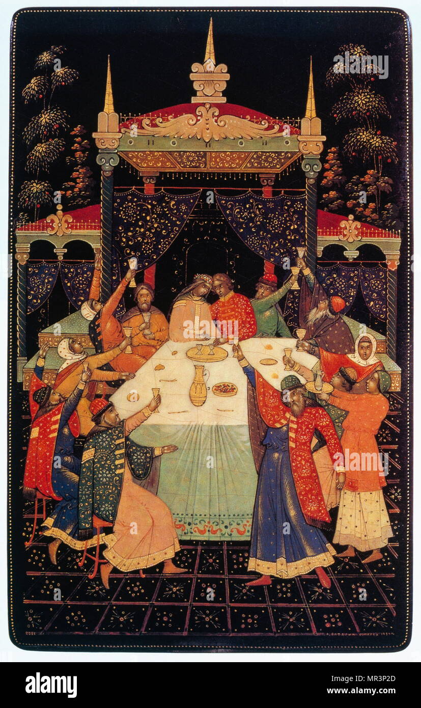 Russische Boyar Hochzeit auf einer Holztafel 1934 dargestellt. Pappmaché, Tempera, Gold, Lack Stockfoto