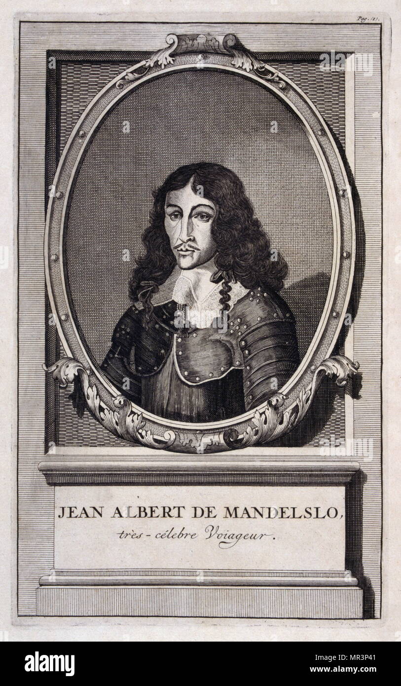 Portrait von Johan Albrecht de Mandelslo (1616 - 1644). 17. Jahrhundert Deutsche Abenteurer, der über seine Reise durch Persien und Indien schrieb. Von seinem Buch "Reisen in Persien und Indien" 1727 gemacht Stockfoto