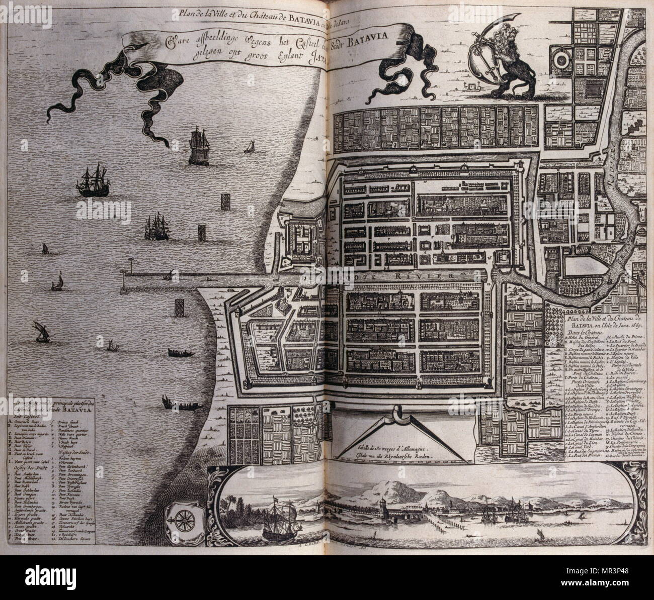 Plan von Schloss und Stadt Batavia (Jakarta) in der niederländischen Ostindien (Indonesien) 1727. Von Reisen nach Persien und Indien 1727, von Johan Albrecht de Mandelslo (1616 - 1644). 17. Jahrhundert Deutsche Abenteurer, der über seine Reise durch Persien und Indien schrieb. Stockfoto