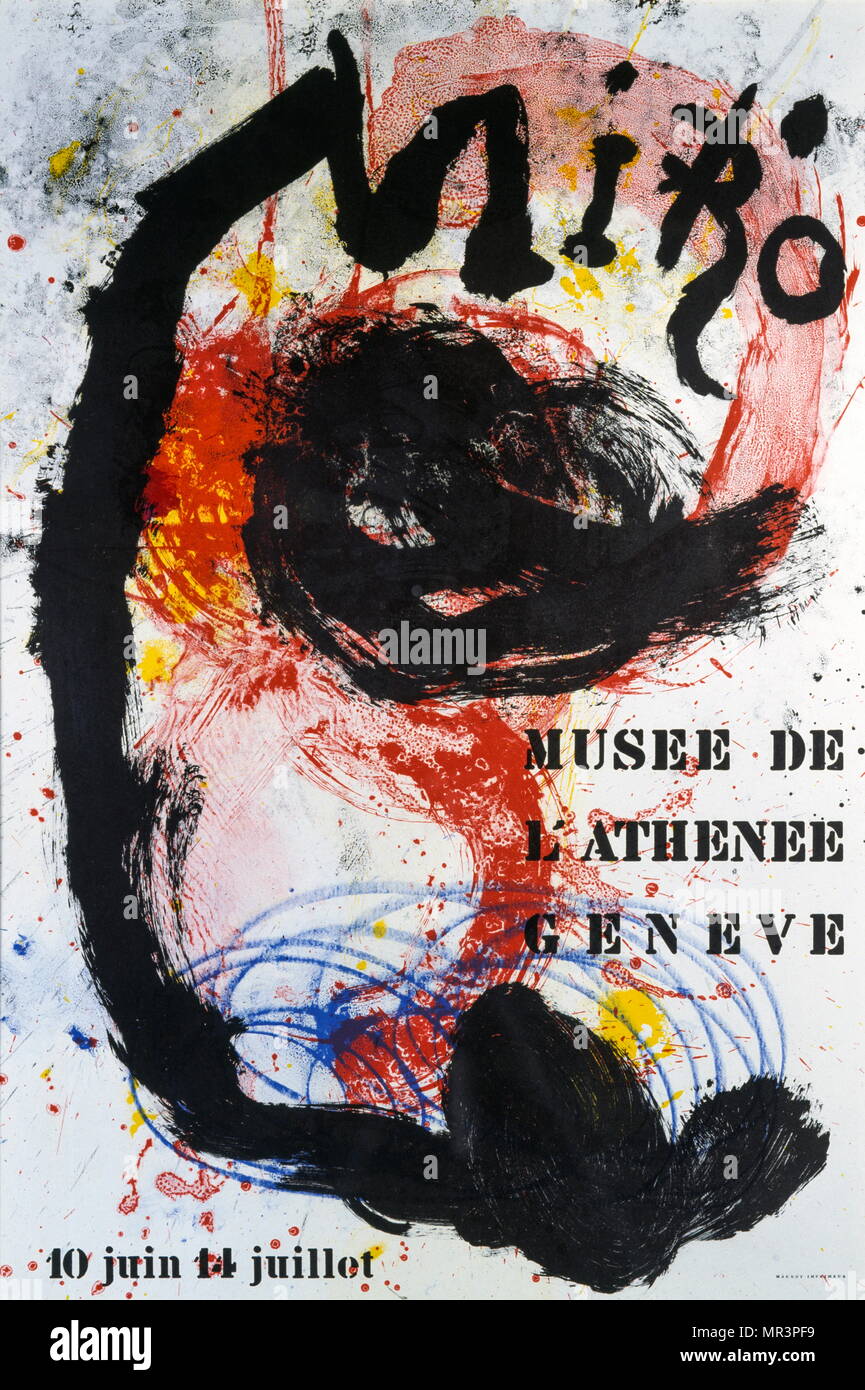 Surrealistischen stil Lithographie ca. 1973, des spanischen Künstlers Joan Miro. (1893-1983) Maler, Bildhauer und Keramiker in Barcelona geboren. Plakat zur Ausstellung im Musée de l'Athenée Genf Stockfoto
