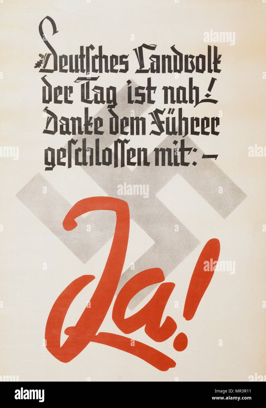 (Pro-Nazi), Propaganda Poster für Hitler bei der Volksbefragung 1934, auf die Zusammenführung der Beiträge von Kanzler und Präsident war nach dem Tod von Präsident Paul von Hindenburg 17 Tage früher statt. Die deutsche Führung beantragt Zulassung für Adolf Hitler's Annahme der obersten Macht zu gewinnen. Stockfoto
