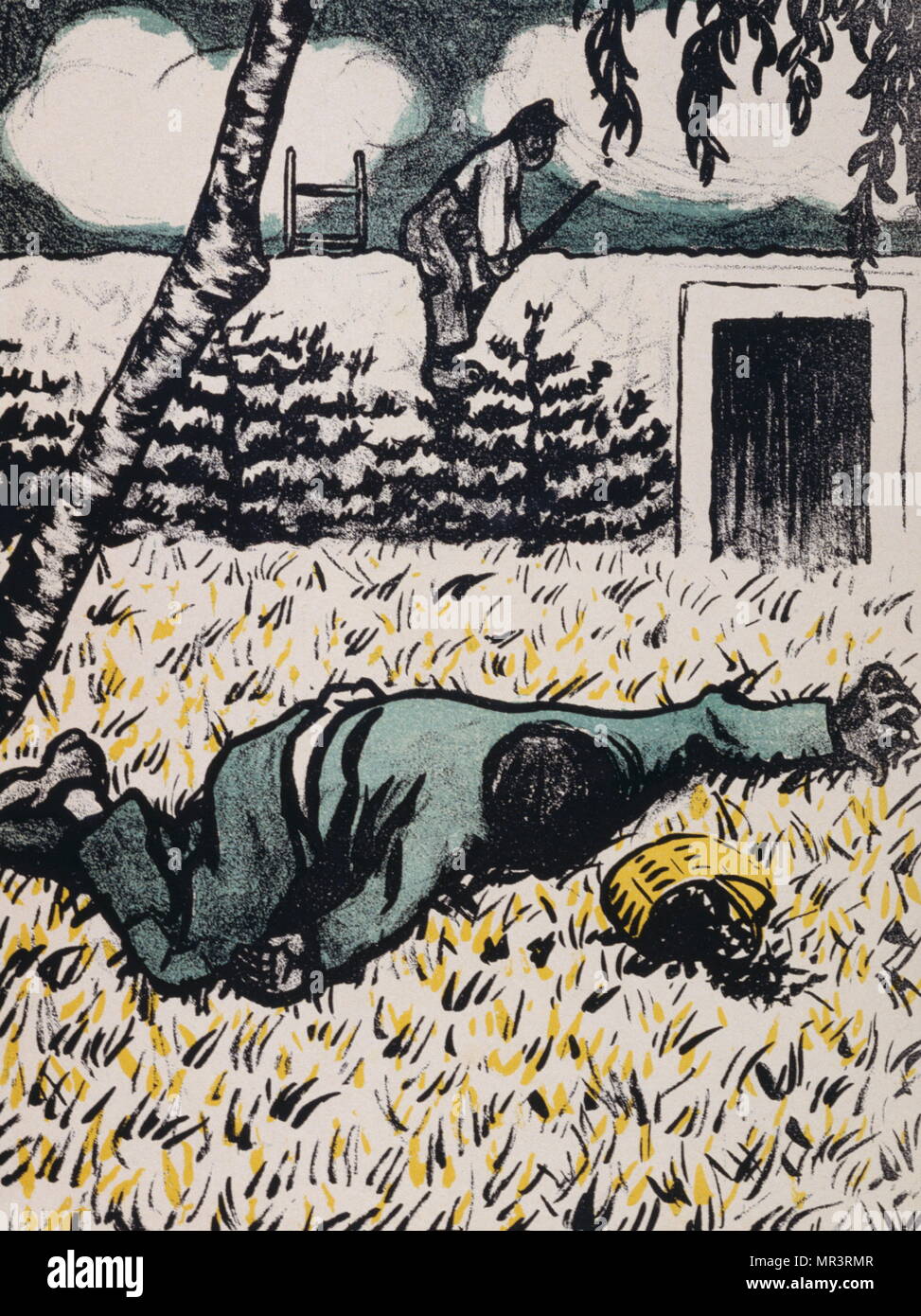 Ein Landwirt hat gerade eine überrascht Vagabond Pflaumen Diebstahl in seinem Obstgarten getötet. Karikatur von dem französischen Künstler, Felix Valloton. Félix Edouard Valloton (1865 - 1925) war ein Schweizer/französische Maler und Grafiker mit den Nabis Schule der Kunst. Ursprüngliche Lithographie verbunden. In Paris im Jahr 1902 Veröffentlichte L'Assiette au Beurre. Gedruckt auf Webte Papier für eine besondere Ausgabe von L'Assiette au Beurre, auf das Thema der Verbrechen et Chatiments (Verbrechen und Strafe). Stockfoto