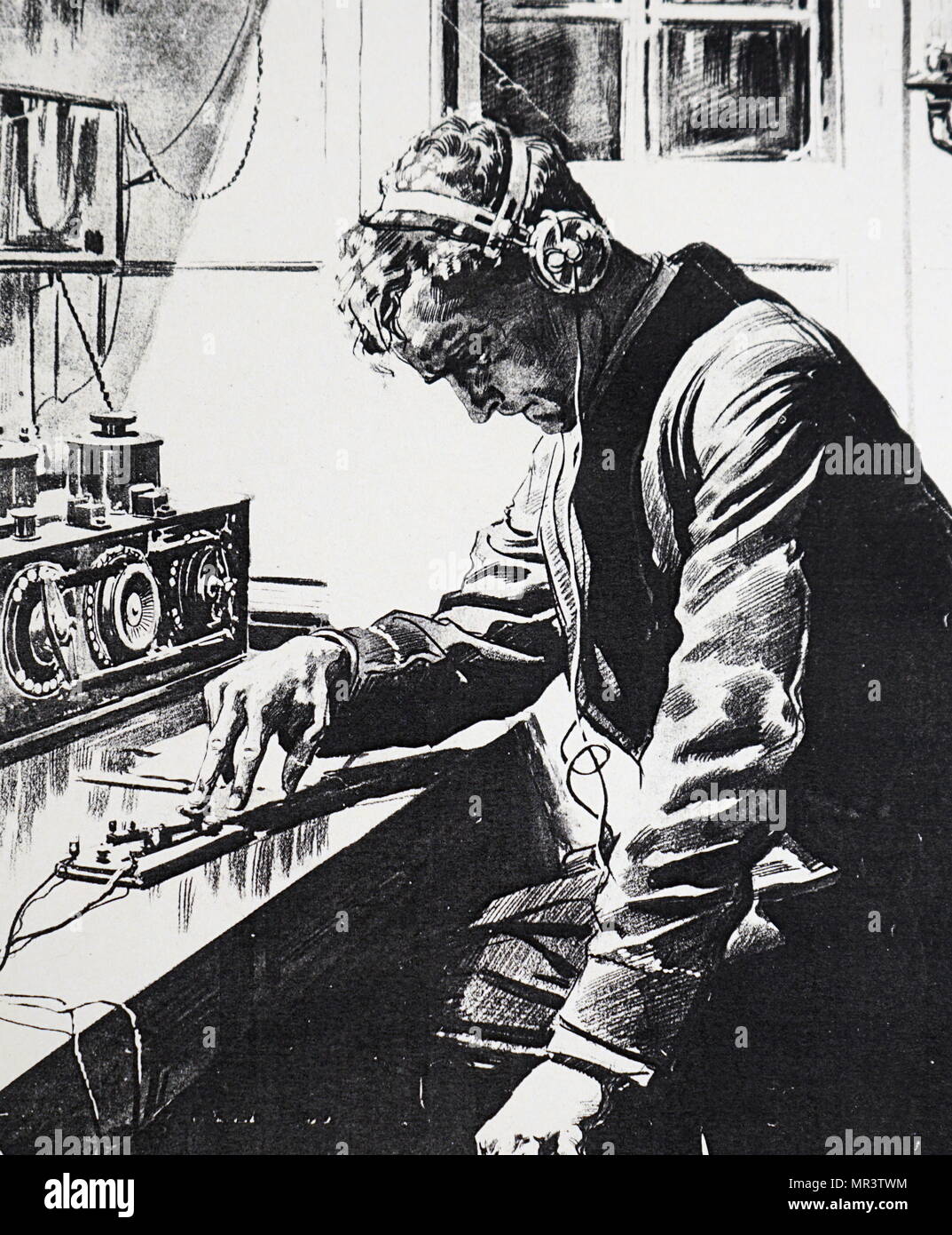 Abbildung: Darstellung einer Wireless Telegraph Betrieb auf einem Schiff. Das ist es, was ein typisches drahtloses Zimmer Szene sein möchte, und ist nicht anders als die auf der Titanic. 20. jahrhundert Stockfoto