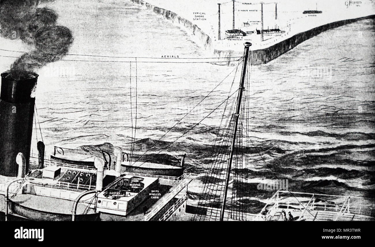 Abbildung erläutert die Funktion des Radios in Schiffe. Im Hintergrund ist ein Ufer Station wie die Marconi in Poldhu, Cornwall. Vom 20. Jahrhundert Stockfoto