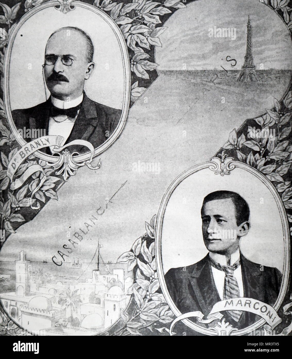 Abbildung: Darstellung von Édouard Branly (1844-1940) und Guglielmo Marconi (1874-1937) die zwei Männer, die für die drahtlose Telegrafie Verbindung zwischen Paris und Casablanca. Vom 20. Jahrhundert Stockfoto