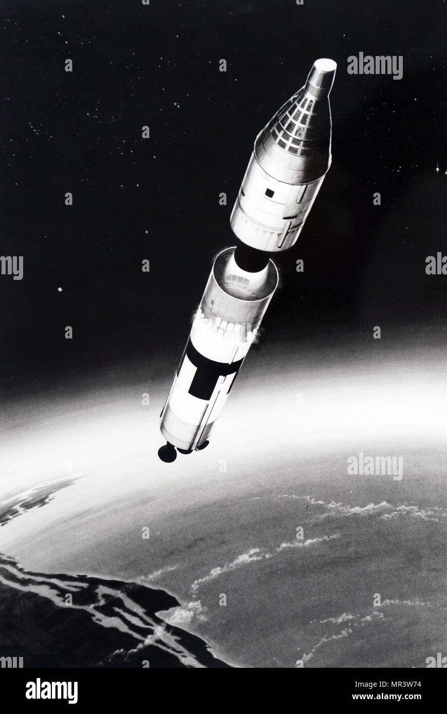 Künstlerische Darstellung der Trennung Phase des Gemini-Titan II. Gemini-Titan II war ein US-amerikanischer Verschleißteil Start System von der Titan-II-Rakete, die verwendet wurde, um zwölf Gemini Missionen der NASA zwischen 1964 und 1966 zu starten. Vom 20. Jahrhundert Stockfoto