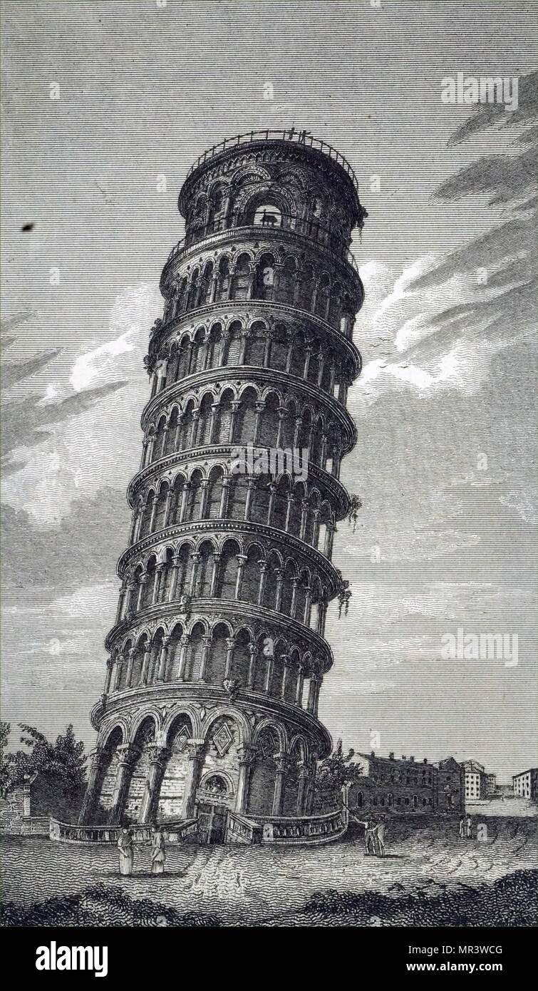 Kupferstich mit der Darstellung der Schiefe Turm von Pisa, oder einfach nur der Turm von Pisa ist der campanile, oder freistehenden Glockenturm der Kathedrale in die italienische Stadt Pisa. Vom 19. Jahrhundert Stockfoto