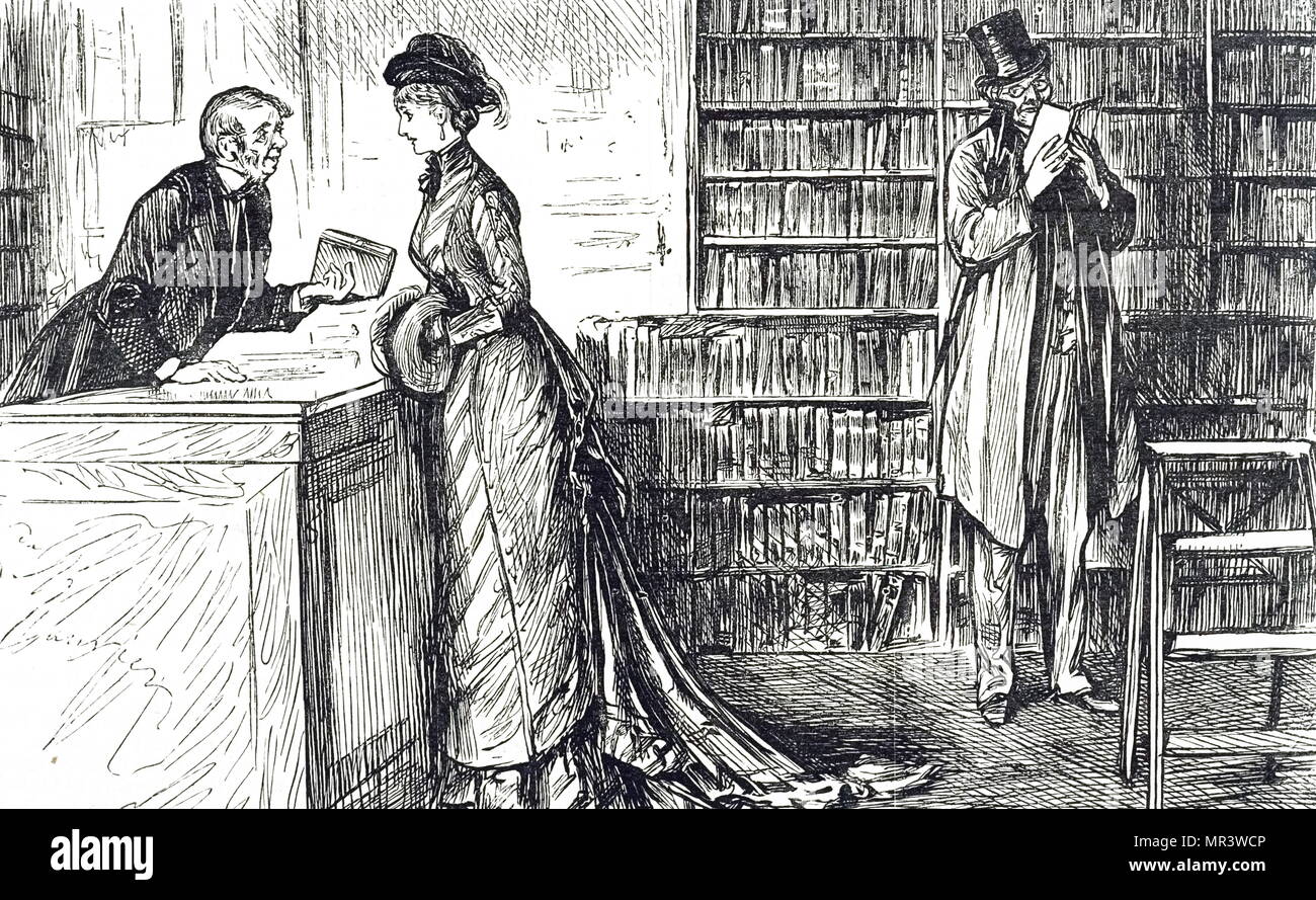 Cartoon, eine Frau auf der Suche nach einem neuen Buch von George Du Maurier. George Du Maurier (1834-1896) eine französisch-britische Zeichner und Autor. Vom 19. Jahrhundert Stockfoto