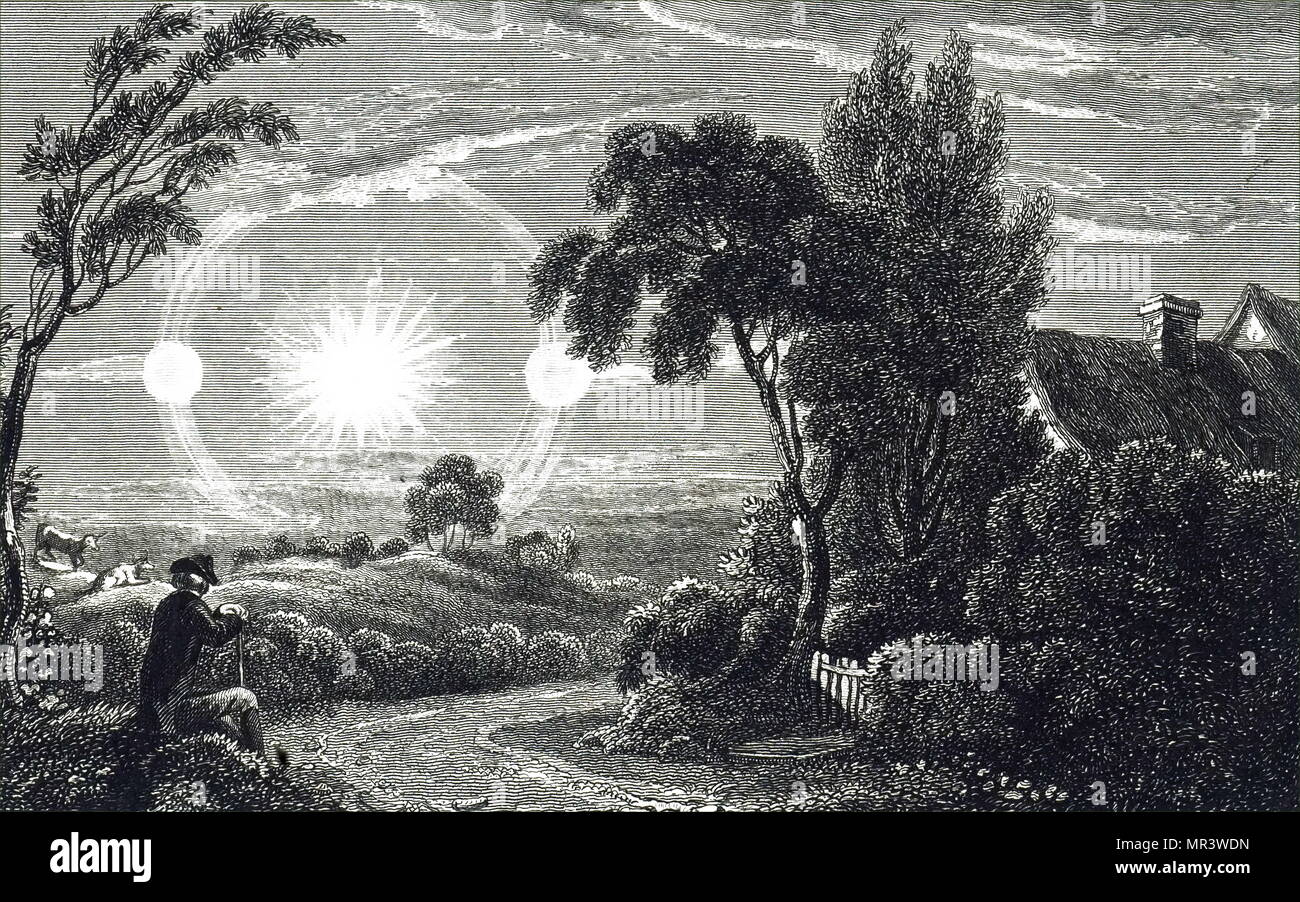 Gravur, mock Sonnen, auch als parhelion und sun Hund bekannt, ein optisches Phänomen, das besteht aus einem hellen Punkt auf beiden Seiten der Sonne. Vom 19. Jahrhundert Stockfoto