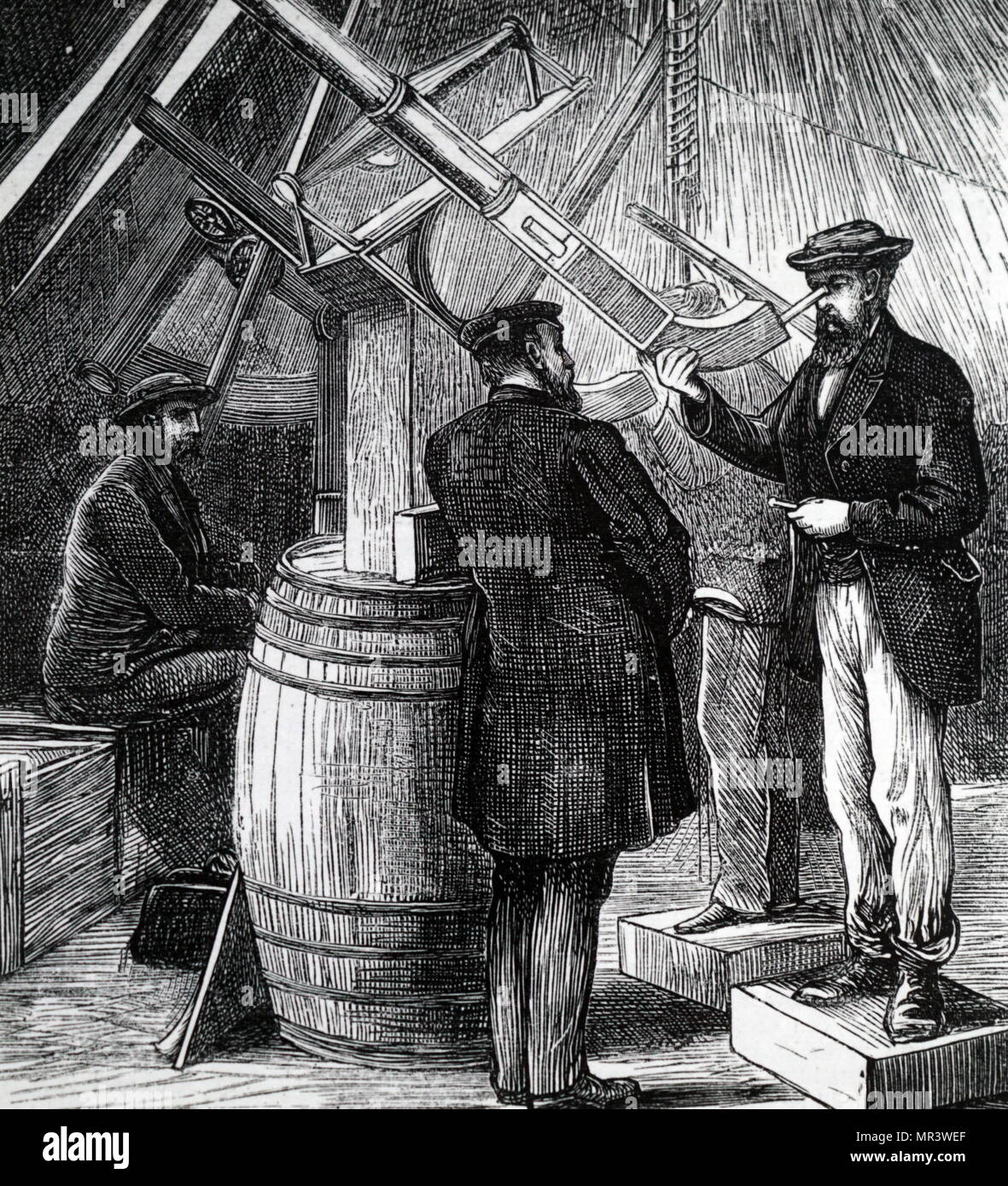 Kupferstich mit der Darstellung der Sonnenfinsternis von 1870. Britische Eclipse Expedition in Oran, Entladen von Instrumenten und Ausrüstung. Team unter der Leitung von William Huggins. William Huggins (1824-1910) ein englischer Astronom am besten für seine Pionierarbeit in der astronomischen Spektroskopie zusammen mit seiner Frau Margaret Lindsay Huggins. Vom 19. Jahrhundert Stockfoto