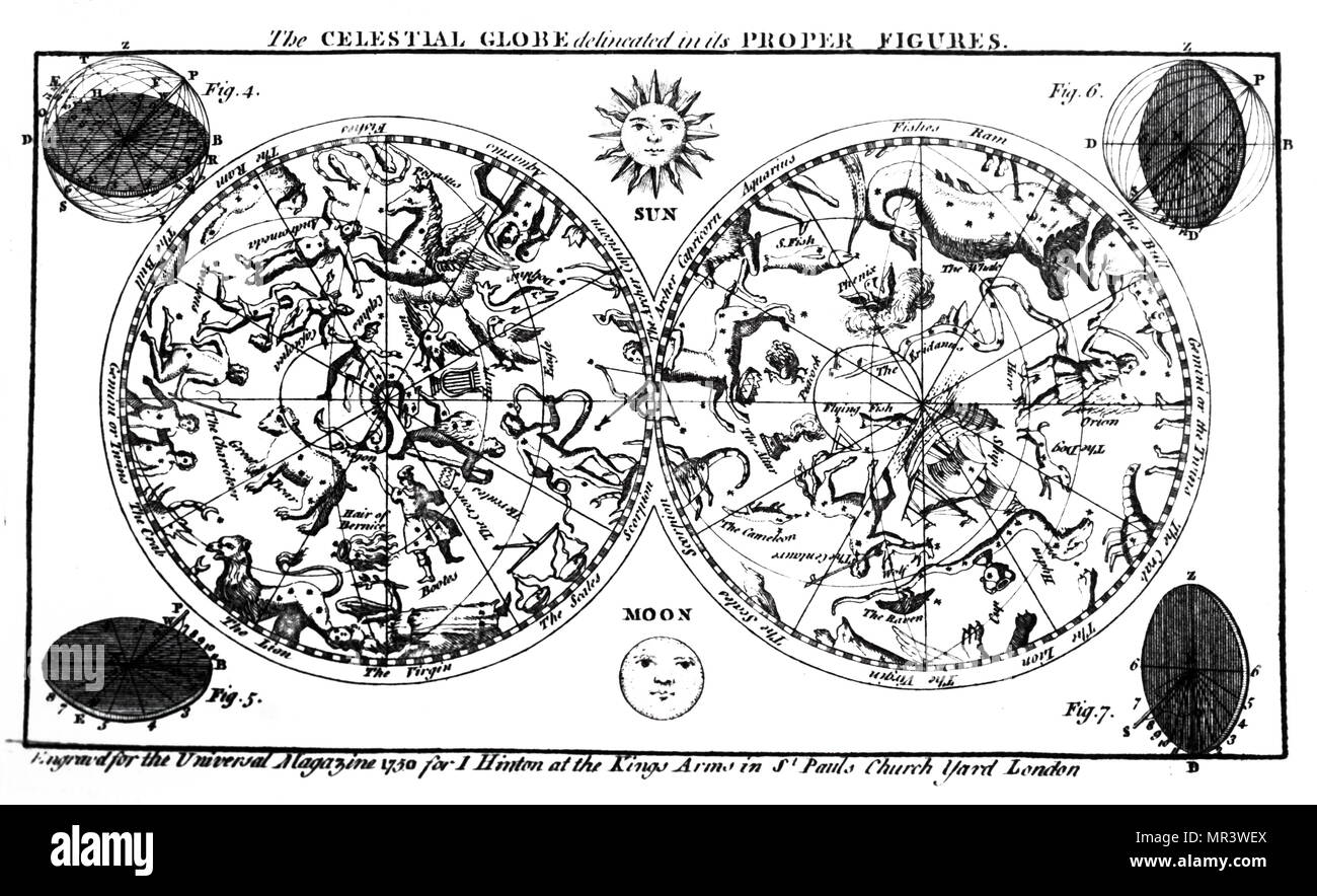 Kupferstich mit der Darstellung eines Himmelsglobus, die Positionen der Sternbilder. Vom 18. Jahrhundert Stockfoto