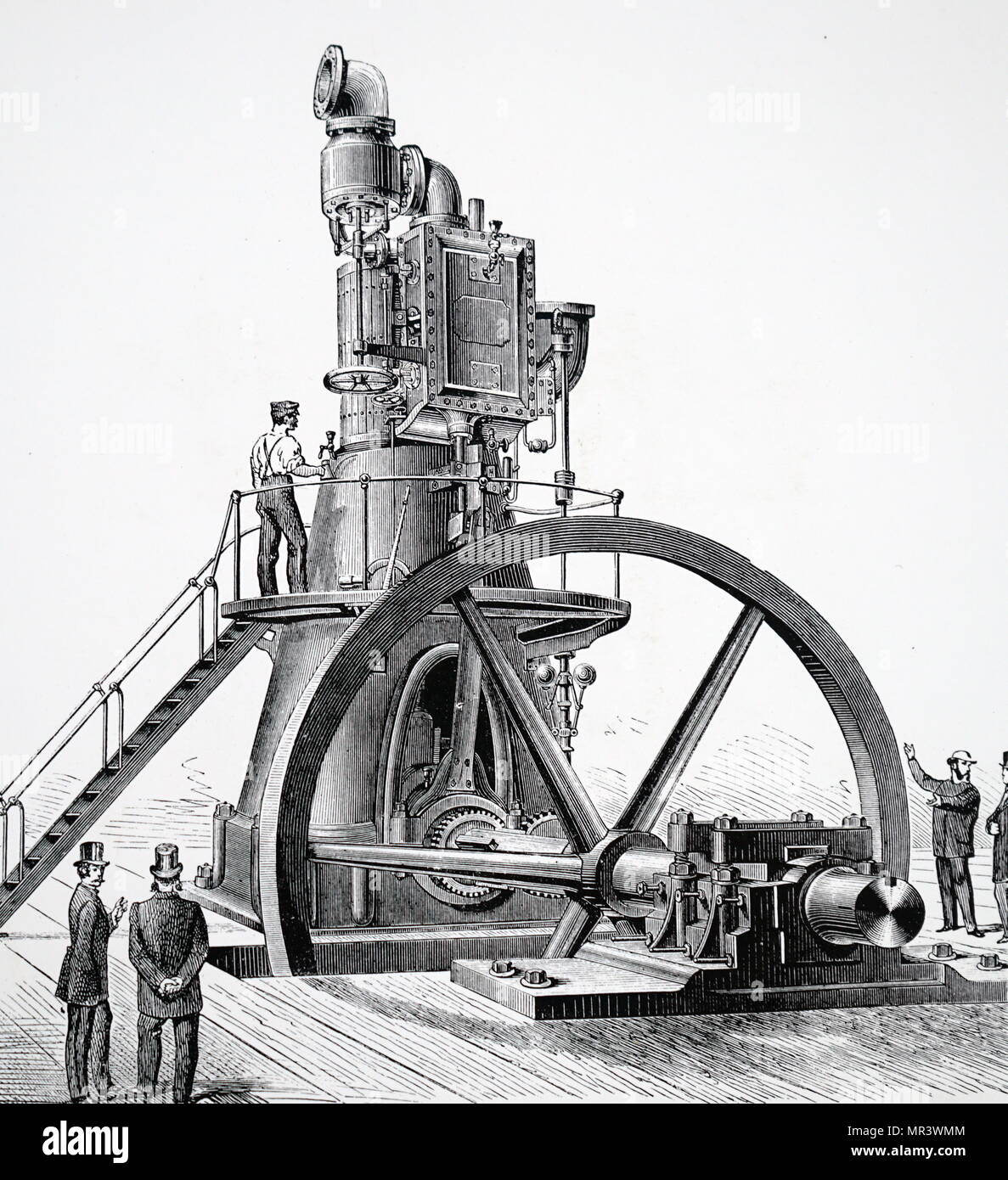 Abbildung: Darstellung einer direkten Aktion vertikale Dampfmaschine mit Schwungrad Welle in der Nähe. Vom 19. Jahrhundert Stockfoto