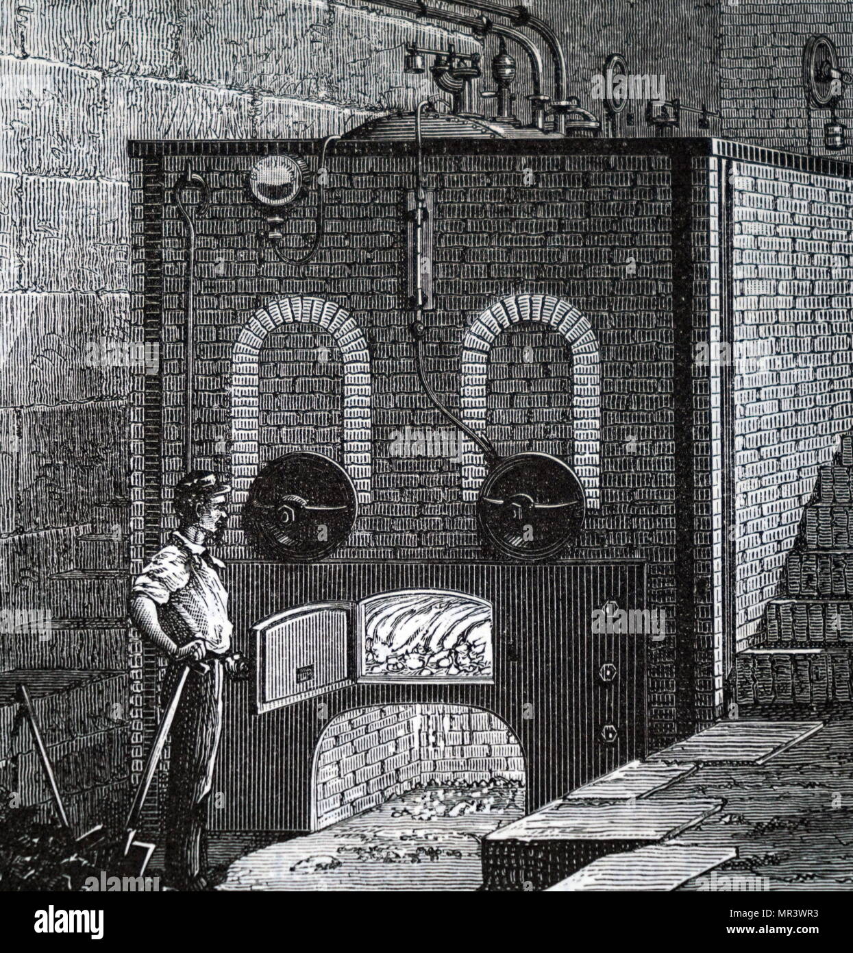 Abbildung: Darstellung einer Heizer an der Tür eines Ofens. Vom 19. Jahrhundert Stockfoto