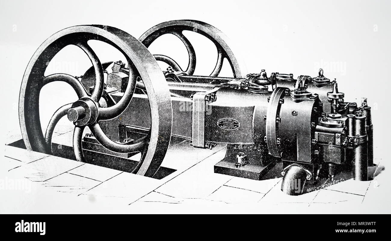 Kupferstich mit der Darstellung eines horizontalen OTTO Motor durch Crossley Bros. von Manchester hergestellt. Dieser Motor hat an der OTTO (4-Takt) Zyklus, und verwendet eine Mischung aus 13 Teilen von Luft zu 1 Teil von Gas. Vom 19. Jahrhundert Stockfoto