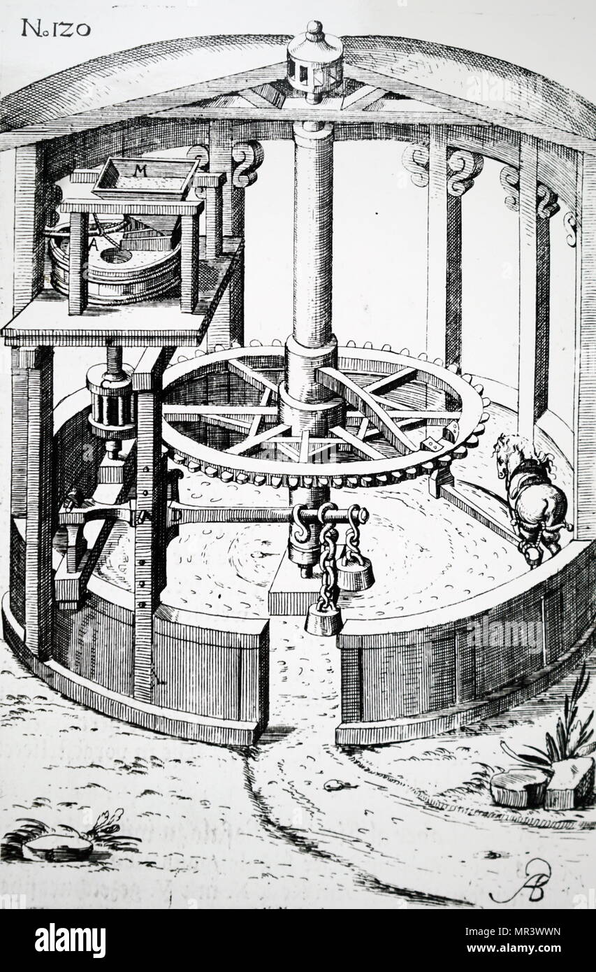 Gravur mit einem Pferd angetriebenen Mühle datiert aus dem 17. Jahrhundert Stockfoto