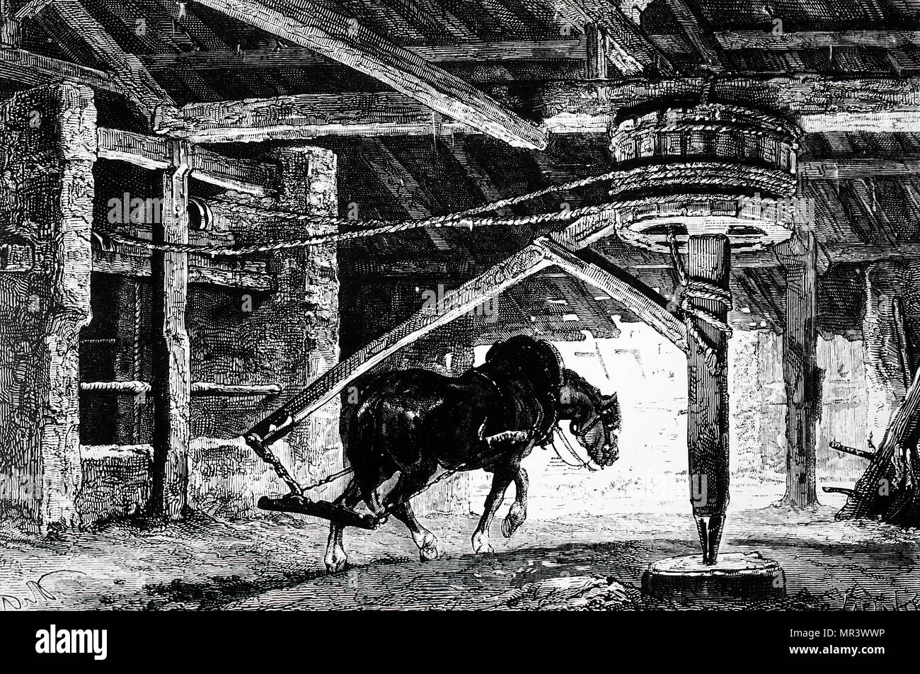 Gravur mit einem Pferd - nach Lust und Laune (oder-gin) für Heben der Kohle aus einer Mine. Vom 19. Jahrhundert Stockfoto