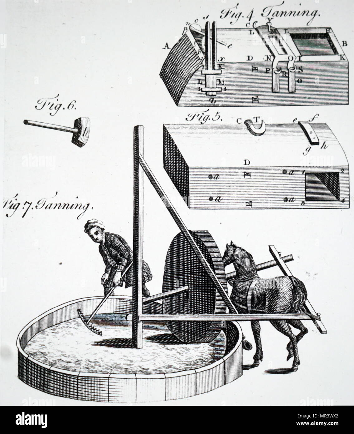 Kupferstich mit der Darstellung der Prozess der Bräunung. Feigen 4, 5 & 6: Block-, Box- und Hammer benutzt Tan zu quetschen. Abb. 7: Pferd Pulver Mühle zum Mahlen tan mit Strom versorgt. Vom 18. Jahrhundert Stockfoto