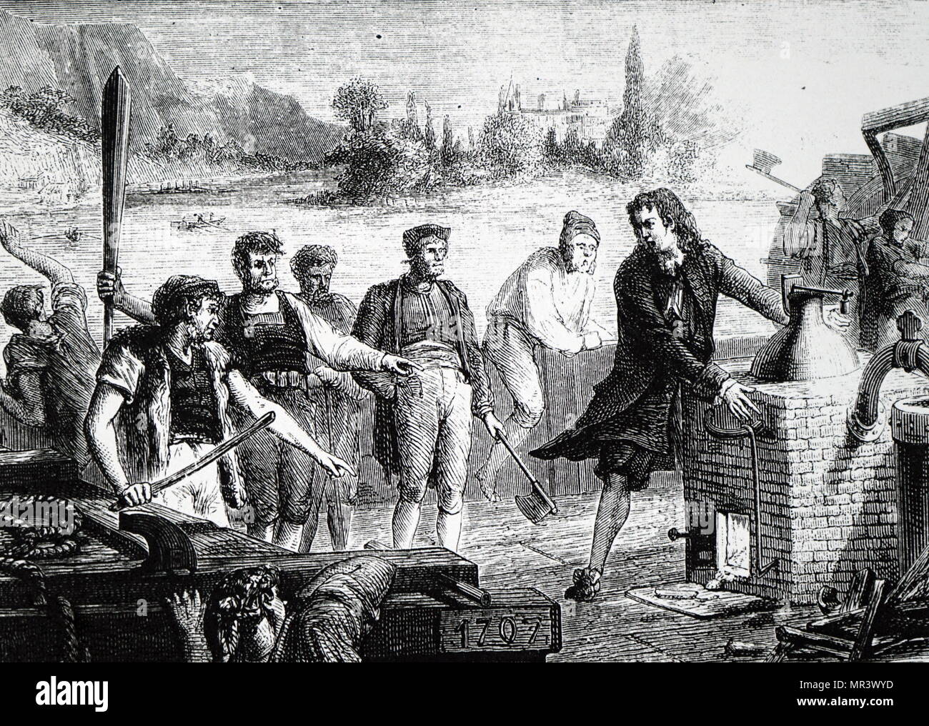 Künstlerische Darstellung der Schiffer auf der Weser das Zerstören des Papin Dampfmaschine. Denis Papin (1647-1713), ein französischer Physiker, Mathematiker und Erfinder, am besten bekannt für seine bahnbrechende Erfindung der Dampf digester, der Vorläufer der Schnellkochtopf und der Dampfmaschine. Vom 18. Jahrhundert Stockfoto