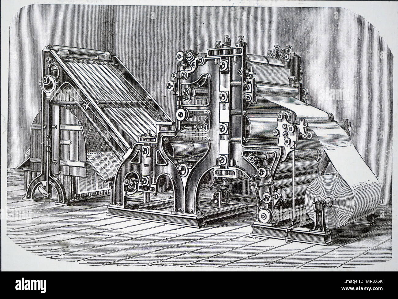 Kupferstich mit der Darstellung der Walter Rotationspresse, für das Drucken der Zeiten im Jahr 1866 installiert. Zwei solche Maschinen mit einer Leistung von je 11.000 Exemplaren pro Stunde, könnte von einem Aufseher und sechs ungelernte Männer betrieben werden. Vom 19. Jahrhundert Stockfoto