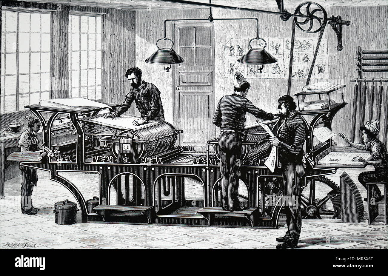 Abbildung: Darstellung einer Druckmaschine von einer Dampfmaschine angetrieben. Wurde die Maschine von einer obenliegenden Welle und Riemenantrieb gebracht. Stockfoto