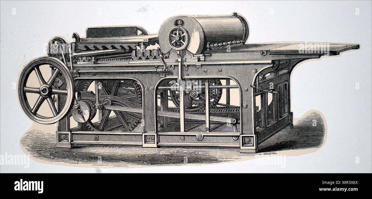 Kupferstich mit der Darstellung eines Zylinders, von einer Dampfmaschine über einen Riemen angetrieben. Vom 19. Jahrhundert Stockfoto