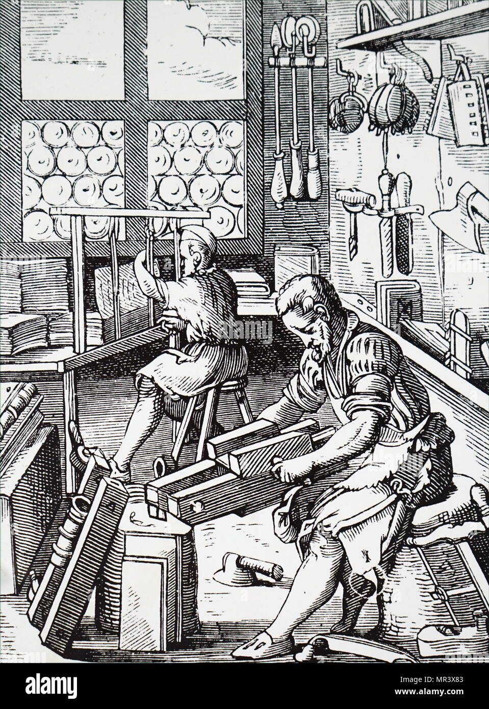 Holzschnitt, der Buchbinder Werkstatt. Vom 16. Jahrhundert Stockfoto