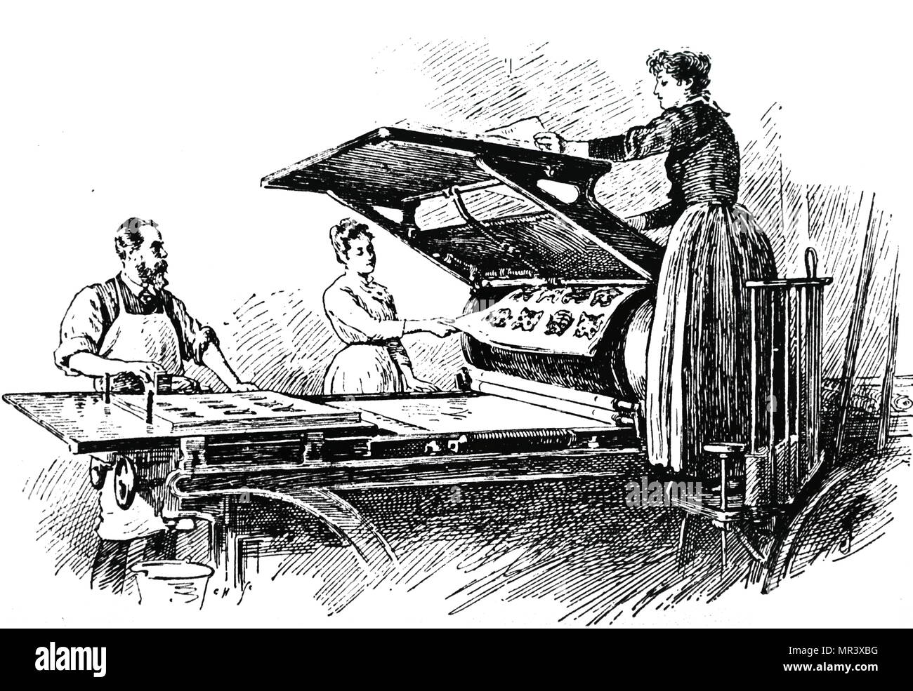 Gravur Darstellung einer Maschine drucken Masken für Knallbonbons. Vom 19. Jahrhundert. Stockfoto