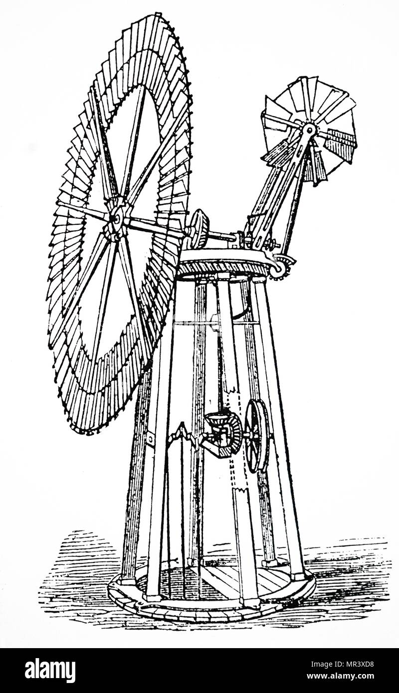 Kupferstich mit der Darstellung eines Wind Pumpe mit Selbstregelnden ringförmige Segeln. Für das Anheben von Wasser aus Brunnen benutzt. Vom 19. Jahrhundert Stockfoto