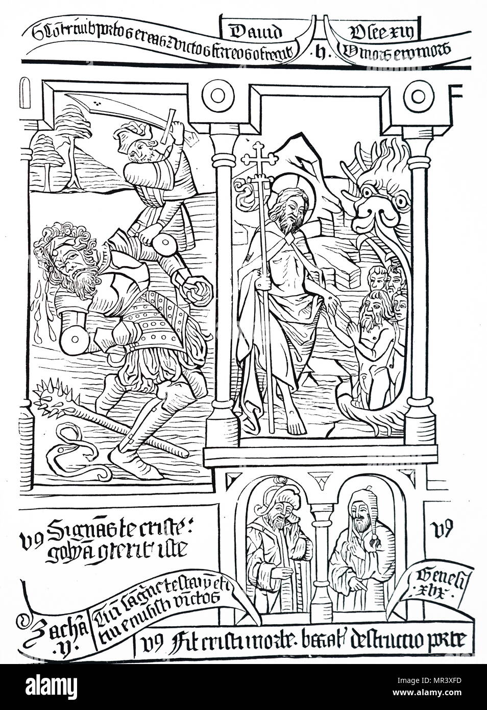 Szene aus einem armen Mann der Bibel zeigt David erschlug Goliath, und Christus loslassen Seelen der Patriarchen von Fegefeuer. Vom 16. Jahrhundert Stockfoto
