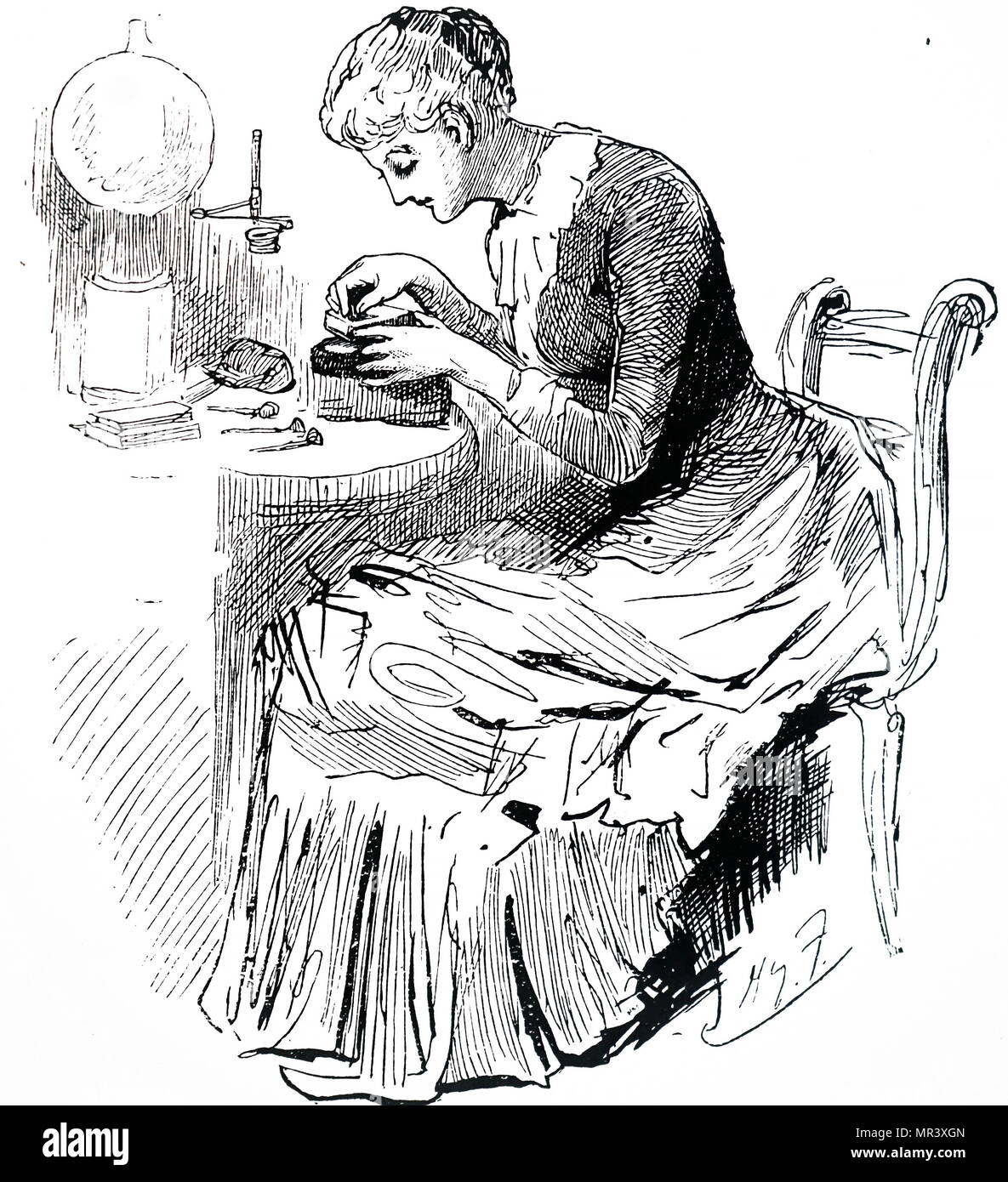 Gravur Darstellung einer Frau bereitet einen Holzklotz. Holzstich wurde als hartnäckig "Beschäftigung für junge Frauen. Vom 19. Jahrhundert Stockfoto
