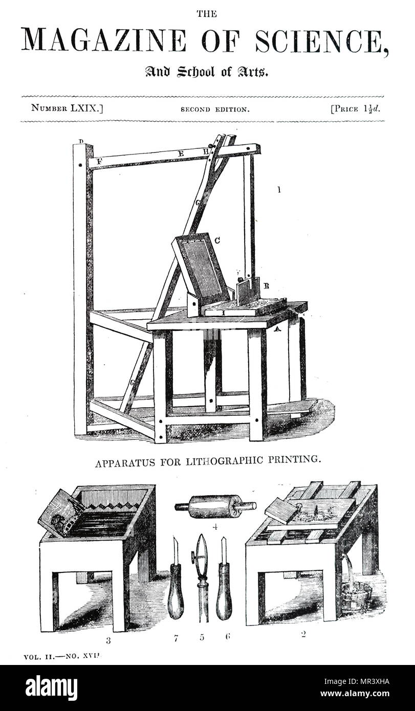 Diagramm Zeigt Eine Lithografische Presse. 1) Drücken Sie Die Lithografie.  2) Tabelle Für Reiben Steine. 3) Ätzen Blockieren. 4) Für Die Anwendung Von  Tinte. 5) Stahl Pen Für Die Ätzung Von Geraden