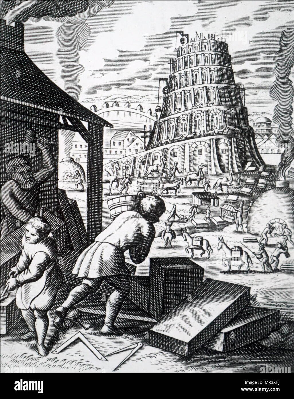 Abbildung: Darstellung der Bau des Turms von Babel. Ziegel werden in zwei Brennöfen und im Vordergrund Maurer gefeuert arbeiten mit Blöcken aus Stein sind. Vom 18. Jahrhundert Stockfoto