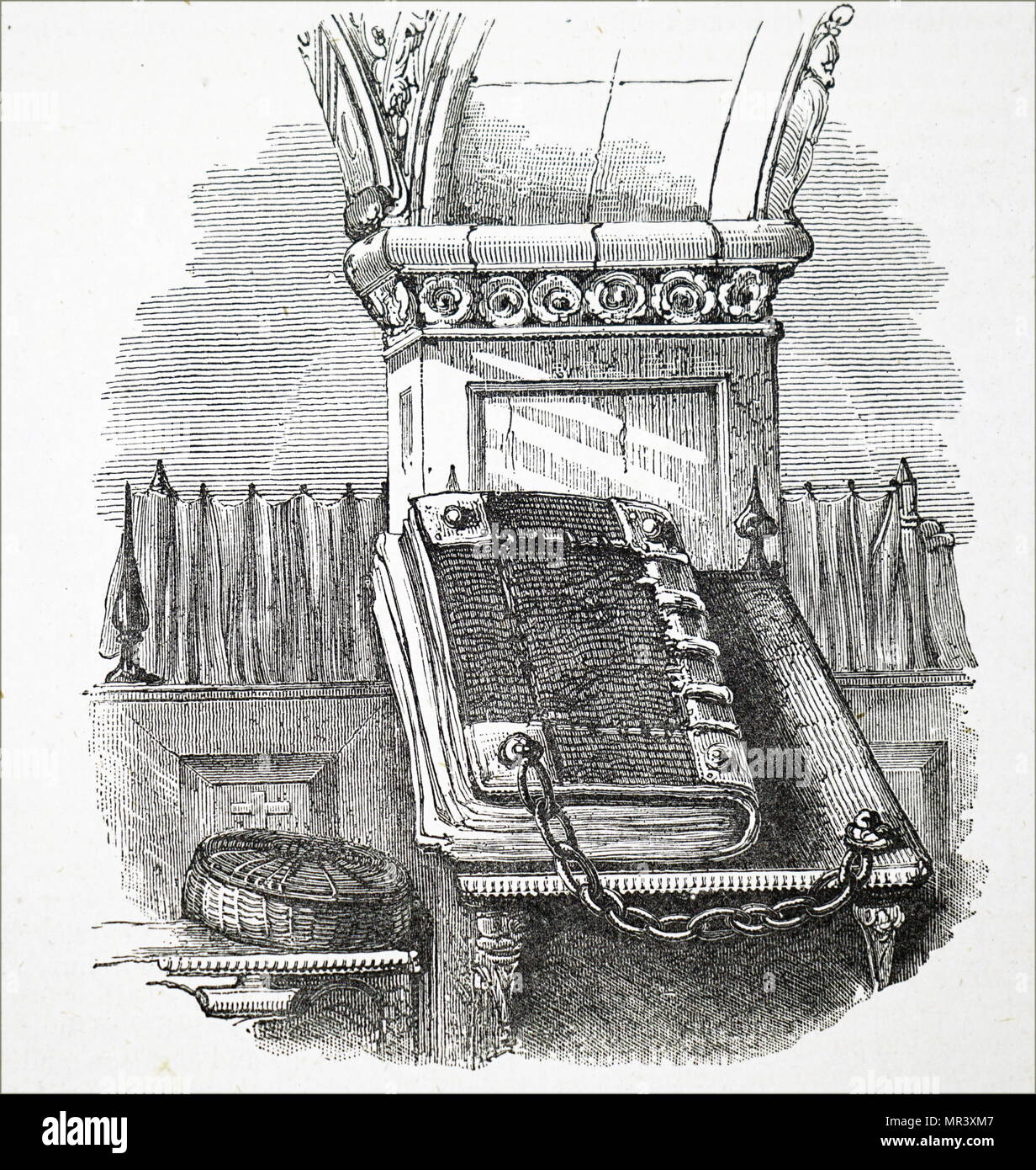 Kupferstich mit der Darstellung eines Bibel angekettet an der Bibel stehen. Vom 16. Jahrhundert Stockfoto