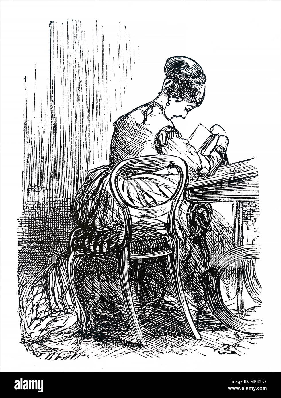 Radierung mit der Darstellung eines jungen Mädchens in einem Stuhl ihr Buch lesen. Vom 19. Jahrhundert Stockfoto