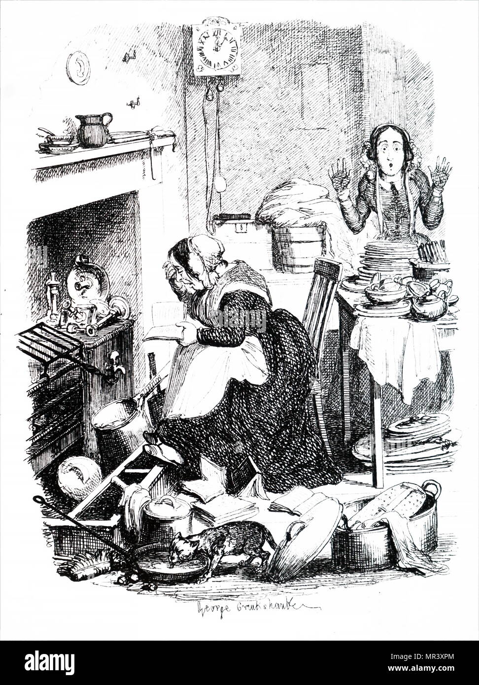 Abbildung: Darstellung einer Kochen in einer romantischen Roman verfasst. George Cruikshank (1792-1878) ein britischer Karikaturist und Illustrator. Vom 19. Jahrhundert Stockfoto