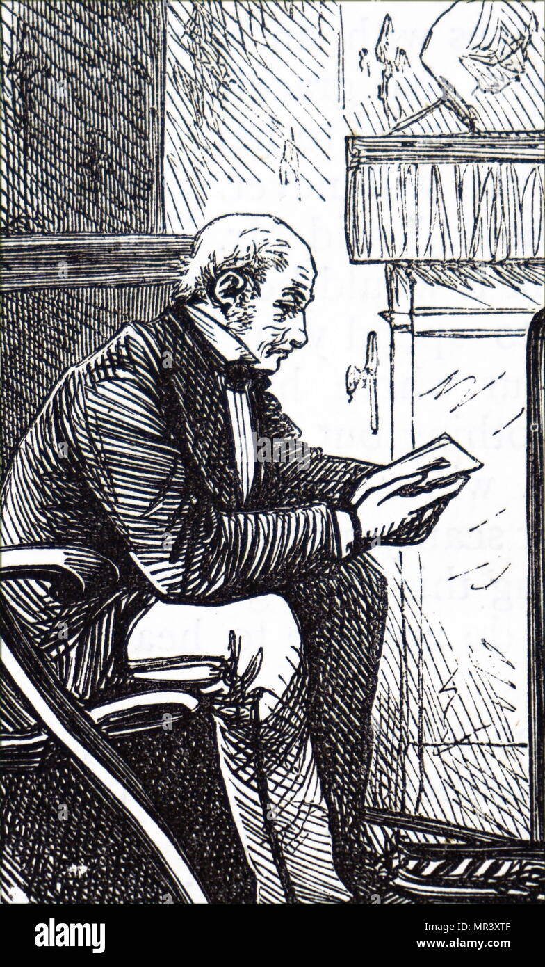 Radierung mit der Darstellung eines älteren Herrn Lesung am Kamin. Vom 19. Jahrhundert Stockfoto