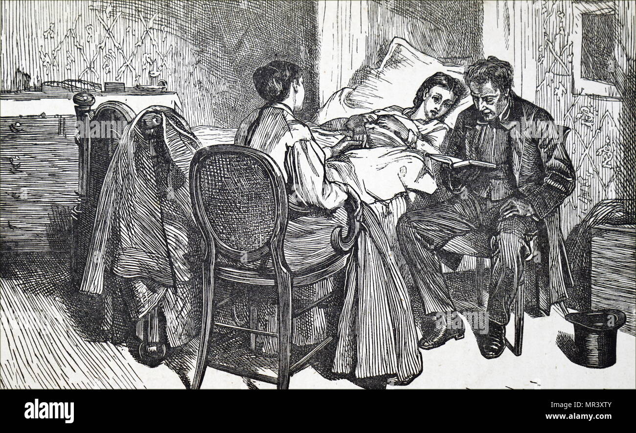 Abbildung: Darstellung einer Vater Lesung zu seinem ungültig Kind. Mit Ill. von George John Pinwell (1842-1875) ein britischer Aquarellist. Vom 19. Jahrhundert Stockfoto