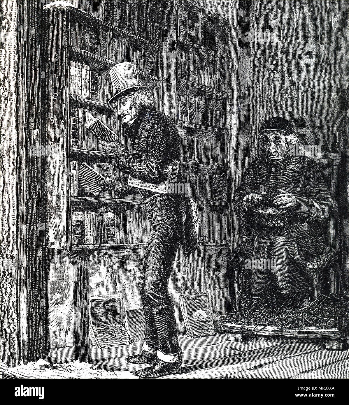 Radierung mit der Darstellung eines wohlhabenden Mannes in einer Buchhandlung stöbern. Vom 19. Jahrhundert Stockfoto