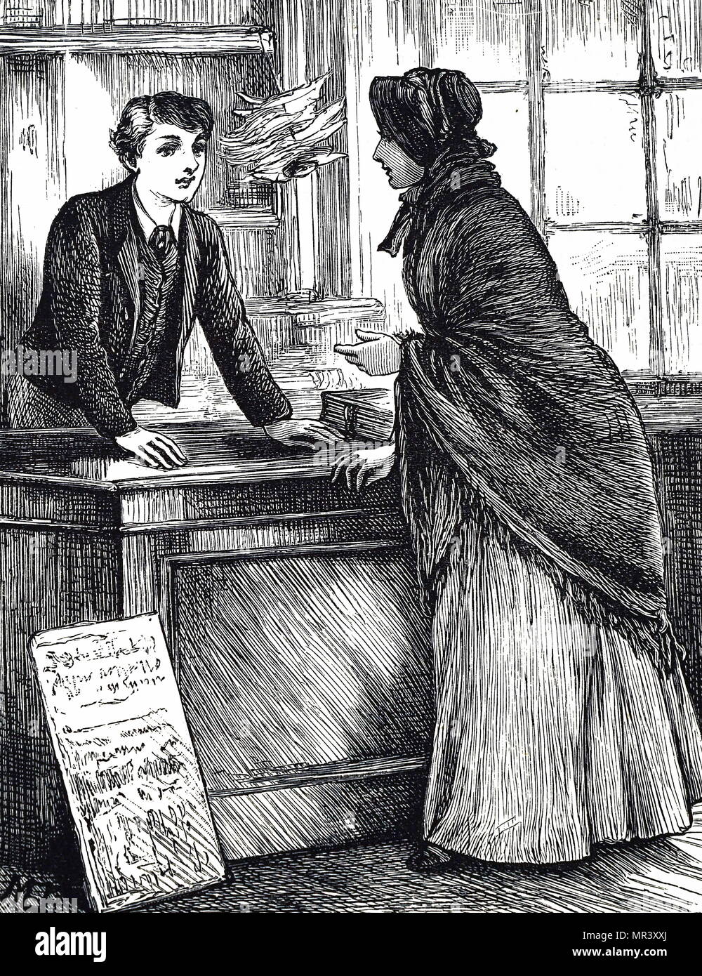 Abbildung: Darstellung einer Frau ein Buch bestellen bei der Buchhändler und der papierladen Shop. Mit Ill. von Mary Ellen Edwards (1838-1934) ein englischer Künstler, der zu vielen viktorianischen Zeitungen und Zeitschriften beigetragen haben, sowie als Illustrator für Kinderbücher. Vom 19. Jahrhundert Stockfoto