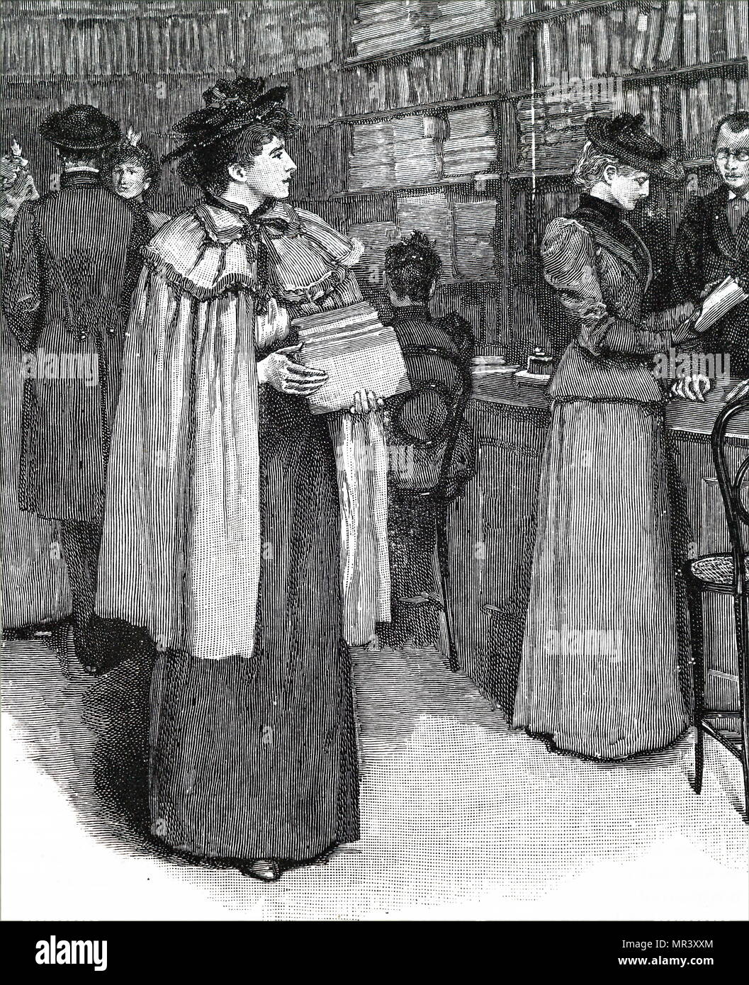 Radierung mit der Darstellung eines Frau auswählen, um Bücher zu kaufen. Vom 19. Jahrhundert Stockfoto