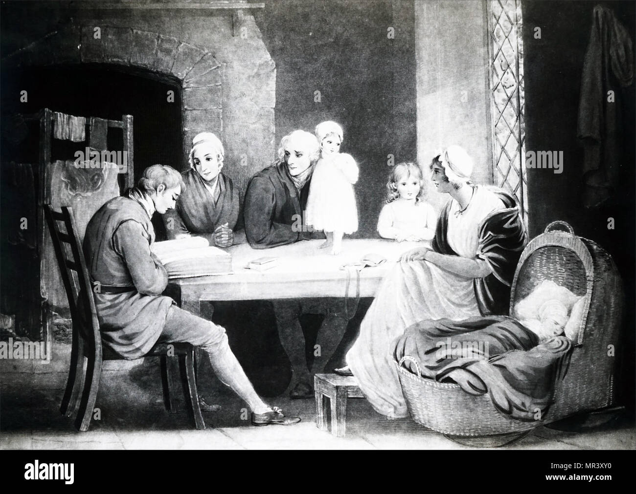Aquatinta, drei Generationen hören zu einer Lesung aus der Bibel. Aquatinta von Charles Turner, nachdem das Bild von Maria Spilsbury. Charles Turner (1774-1857) ein englischer Schabkunst Graveur und Zeichner. Maria Spilsbury (1776-1820) Ein britischer Künstler für ihre religiöse Gemälde und Portraits bekannt. Vom 19. Jahrhundert Stockfoto