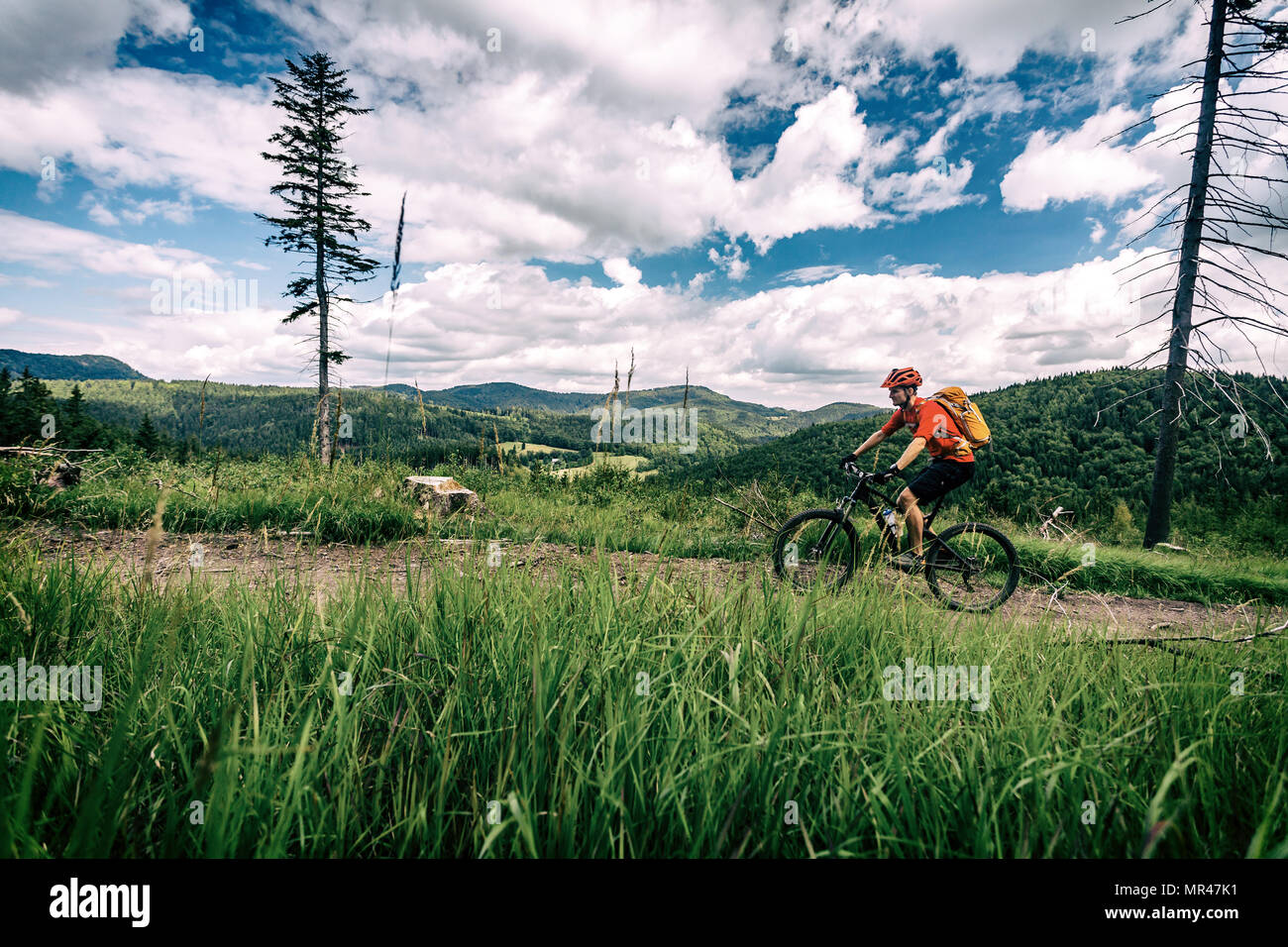 Mountainbike Mann reiten auf dem Fahrrad im Sommer inspirierende Landschaft. Bikepacking, Radfahren auf enduro Trail. Sport Fitness Motivation und Inspiration. Stockfoto
