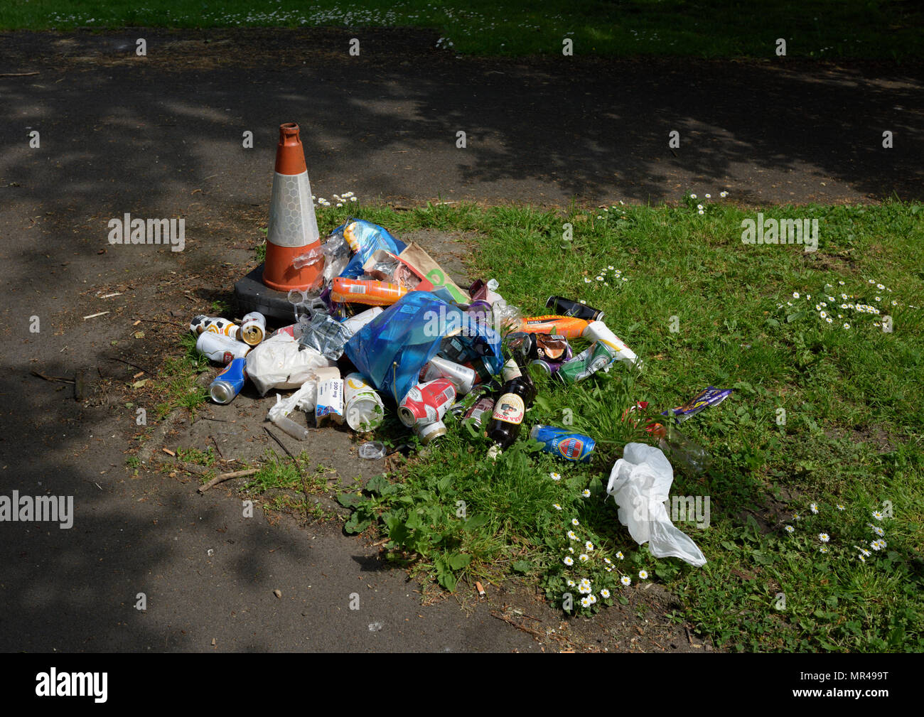 Beutel Dosen Flaschen wurf Weg im Park in der Nähe von Radcliffe Lancashire England bury geworfen Stockfoto