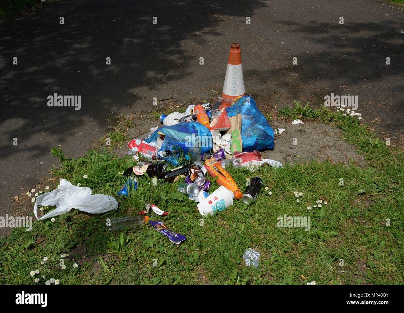 Beutel Dosen Flaschen wurf Weg im Park in der Nähe von Radcliffe Lancashire England bury geworfen Stockfoto