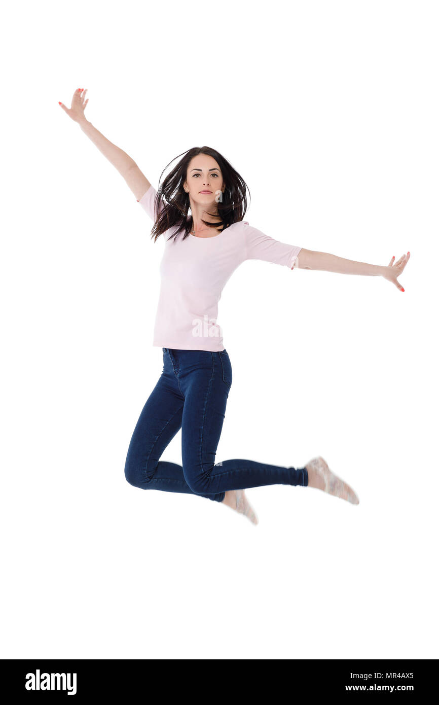 Schöne brünette Frau in Rosa t-shirt Stockfoto